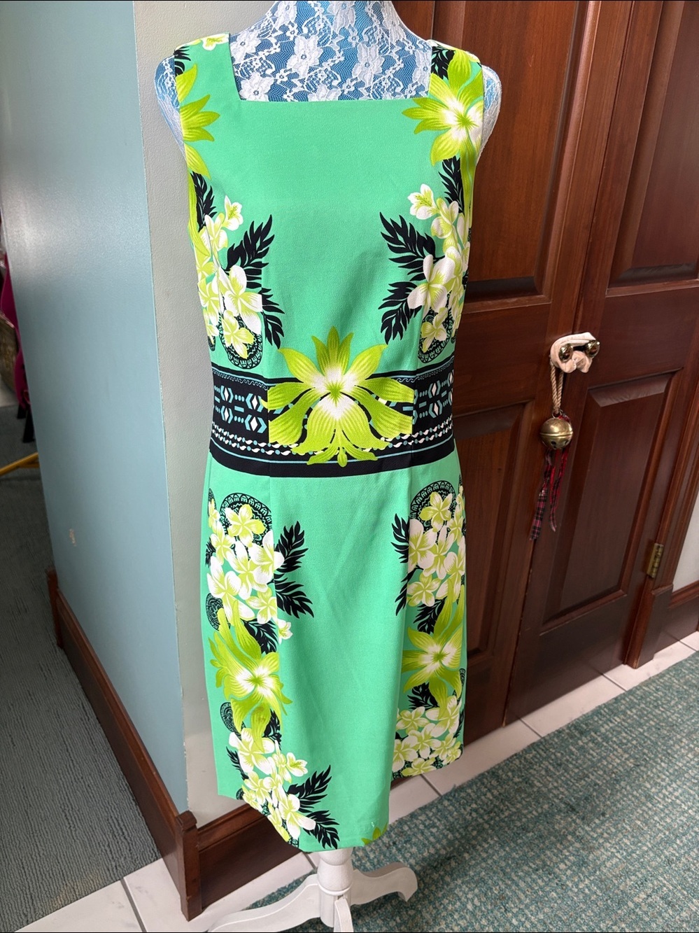 dressbarn Dress  vibrant light green  floral print  striped waist/black & lime